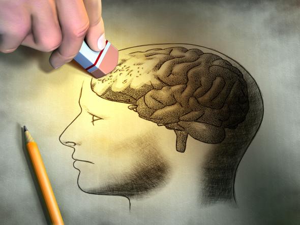Skizze von einem Kopf - bei dem das Gehirn ausradiert wird - genau wie bei Alzheimer.