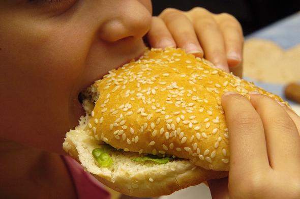 Ein Kind isst einen Hamburger.